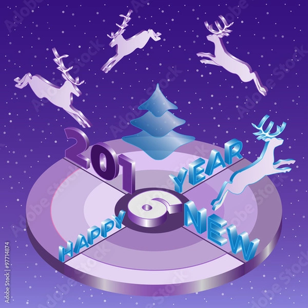 Fototapeta Four reindeers run around New Year target. Vector illustration. Isometric view.