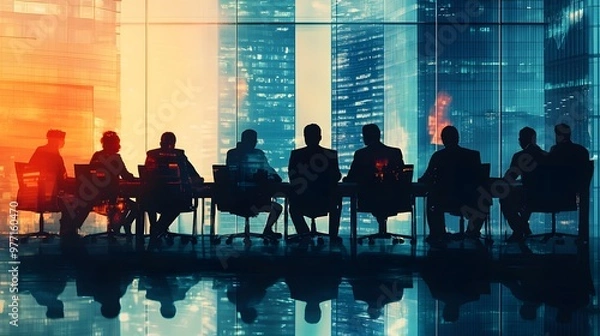 Fototapeta Silhouettes of Businesspeople in a Meeting Room with a City View