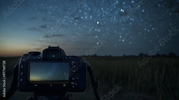Fototapeta A high-resolution digital camera taking an astrophotography shot of a star-filled night sky. The camera, set against a backdrop of the dark landscape, is positioned to capture the expansive 