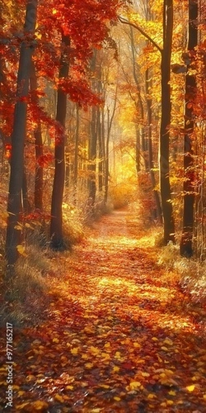 Fototapeta A tranquil autumn scene with warm golden foliage and sunlight filtering through the trees along a path.