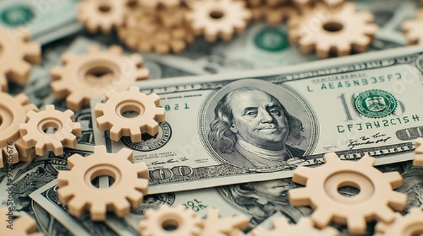 Fototapeta Hundred Dollar Bills with Beige Gears Representing Economic Strategy and Financial Mechanics on Light Background