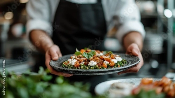 Fototapeta A chef holds out a gourmet dish adorned with various colorful and appetizing ingredients, emphasizing the art and craft of fine dining in an upscale restaurant setting.