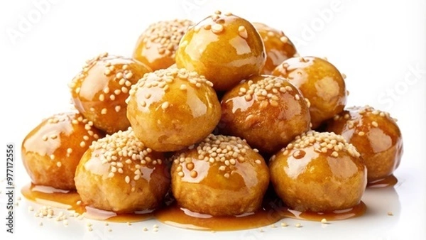 Fototapeta Golden brown loukoumades drizzled with honey and sprinkled with sesame seeds, isolated on white background