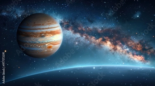 Fototapeta A vibrant illustration depicting a colossal gas giant planet, swirling with vivid bands of atmospheric fluid dynamics, set against a backdrop of distant stars in a cosmic tableau.