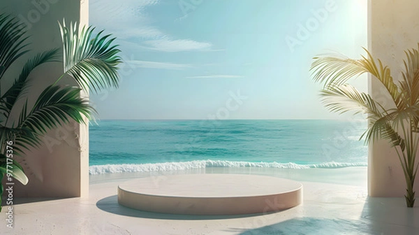 Fototapeta Summer vacation beach abstract background concept, Minimal Realistic Display Podium for Product mock-up or Cosmetics with summer theme.