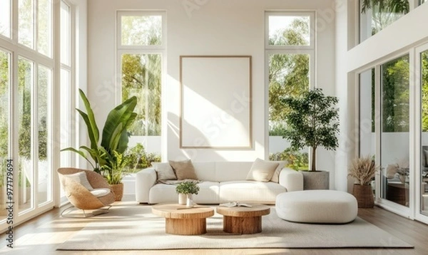 Fototapeta Bright living room with minimalist decor, large windows, and a white empty wall.