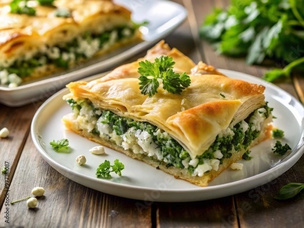 Fototapeta Savory spanakopita slice topped with a sprinkle of feta cheese and a few chopped fresh herbs, served on a crisp white plate
