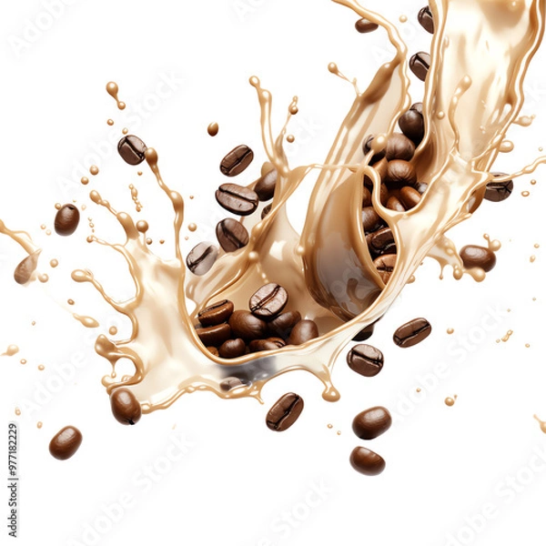 Obraz A dynamic splash of creamy coffee with floating coffee beans, perfect for beverage and dessert themes.