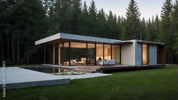 Fototapeta AI-Generated Image of Minimalistic Modern House in the nature. 