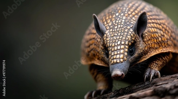 Fototapeta A brown and golden armadillo explores a tree branch with curiosity. The close-up perspective reveals the intricate pattern of the armadillo's shell set against a natural green background.