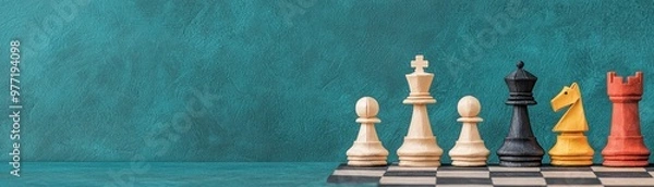 Fototapeta Arranged chess pieces on a vibrant background, showcasing a strategic game filled with intrigue and competition.
