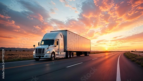 Fototapeta White trailer truck on empty roads at sunset with light trails, ideal for ads or promotions.






