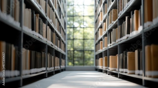 Fototapeta A bright, spacious library filled with tall bookshelves full of various books, with natural sunlight filtering in through large windows, painting a picture of intellectual wealth.