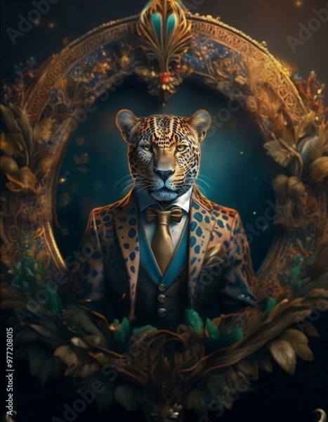 Fototapeta A leopard in a suit with a bowtie and a gold tie inside a gold ornate frame with a teal jewel.