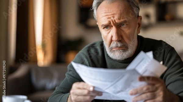 Fototapeta Man sitting at desk with concerned expression, holding stack of papers symbolizing financial stress and national debt, emphasizing personal and economic challenges.