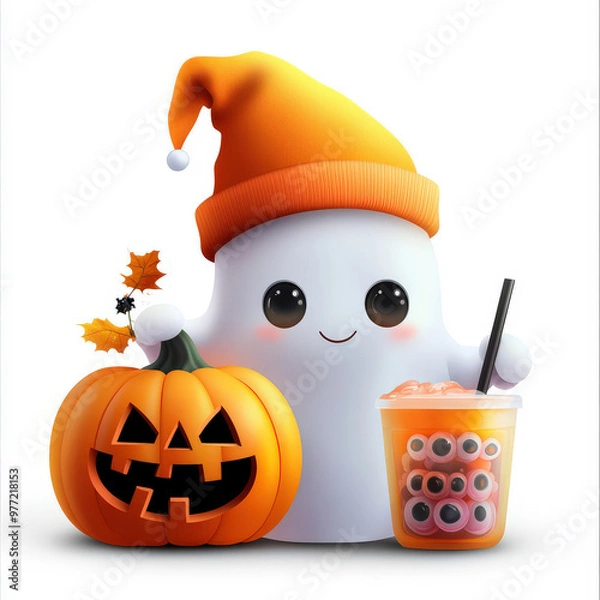Fototapeta Smiling Halloween pumpkin with a hat, cartoon-style jack-o-lantern, and festive decorations, perfect for autumn and holiday themes