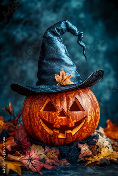 Obraz Photo of a child with face painting in the style of Day of the Dead, wearing colorful flowers on her head and looking at the camera, isolated on a yellow background with copy space area.