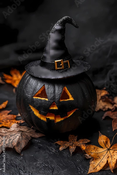 Obraz Photo of a child with face painting in the style of Day of the Dead, wearing colorful flowers on her head and looking at the camera, isolated on a yellow background with copy space area.