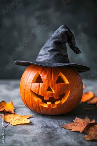 Obraz Photo of a child with face painting in the style of Day of the Dead, wearing colorful flowers on her head and looking at the camera, isolated on a yellow background with copy space area.
