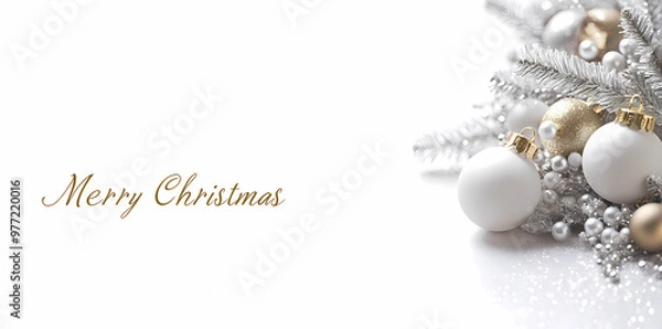 Fototapeta A festive Christmas background with golden and silver decorations, including white beads and ornaments on the right side of the picture, and "Merry Christmas" written in an elegant script font