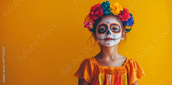 Obraz Photo of a child with face painting in the style of Day of the Dead, wearing colorful flowers on her head and looking at the camera, isolated on a yellow background with copy space area.