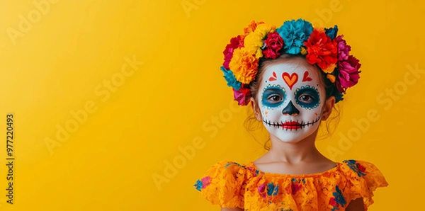 Obraz Photo of a child with face painting in the style of Day of the Dead, wearing colorful flowers on her head and looking at the camera, isolated on a yellow background with copy space area.