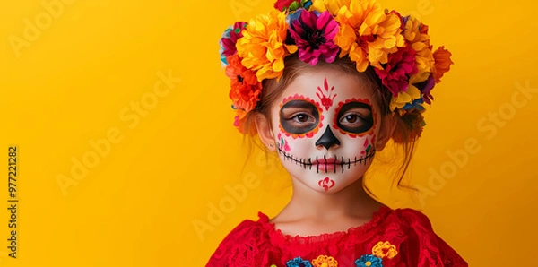 Obraz Photo of a child with face painting in the style of Day of the Dead, wearing colorful flowers on her head and looking at the camera, isolated on a yellow background with copy space area.