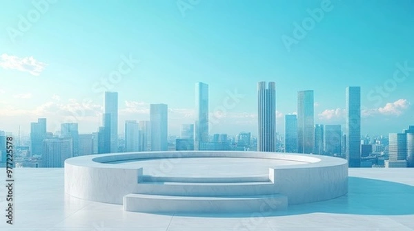 Fototapeta Polished podium in front of a city skyline, clear blue sky, urban backdrop