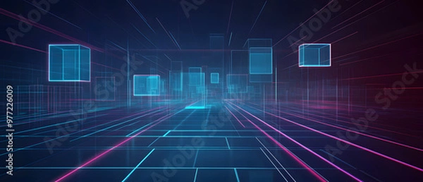 Fototapeta Futuristic digital landscape with floating geometric shapes and neon grid lines extending into the horizon, featuring glowing elements and a deep blue background. 