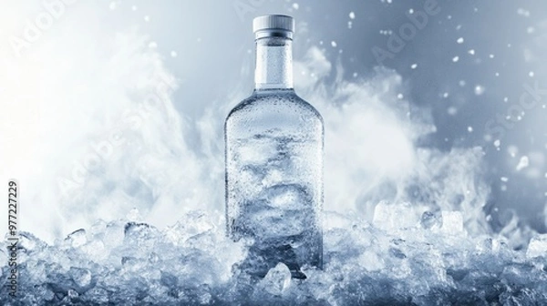 Fototapeta A frosty vodka bottle surrounded by crushed ice, with cold mist rising around it, isolated on white.