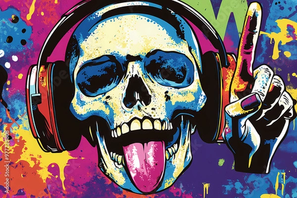 Obraz Vector illustration of rock music elements, including a skull with headphones and a hand raised in the air, lips, and a star on a grunge background, in the style of pop art. 