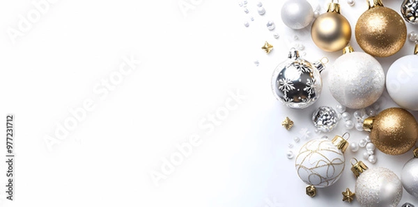 Obraz A festive Christmas background with golden and silver decorations, including white beads and ornaments on the right side of the picture