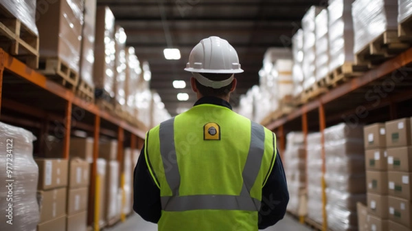 Fototapeta a warehouse worker wearing a neon green vest and a white helmet, standing in front of shelves filled with boxes