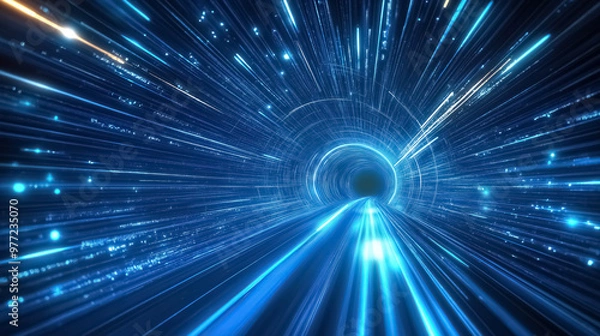 Fototapeta An abstract bright blue tunnel with flying lines of energy particles and radiant light rays