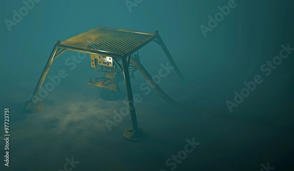 Fototapeta Underwater oil and gas equipment protected by a steel cage structure. Fictitious protection structure, oil and gas equipment. Murky water to emphasize depth and blurred image for dramatic effect.