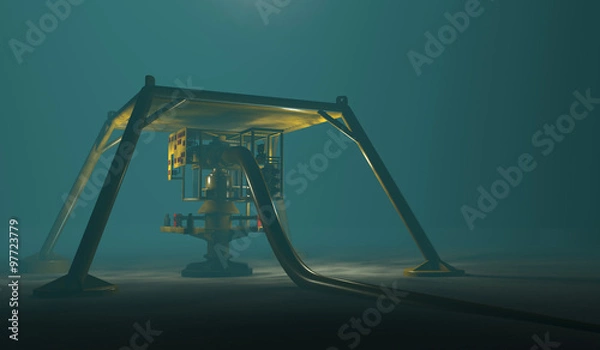 Fototapeta Underwater oil and gas equipment protected by a steel cage structure. Fictitious protection structure, oil and gas equipment. Murky water to emphasize depth and blurred image for dramatic effect.