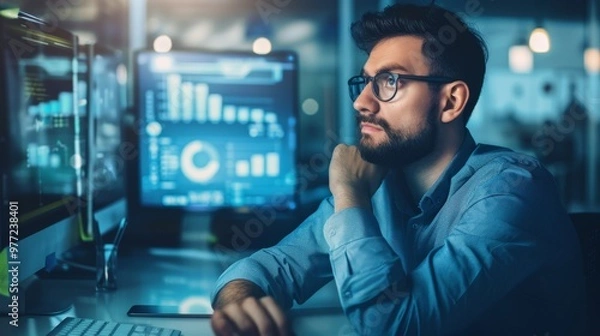 Obraz Businessman at desk analyzing revenue charts on digital screen, focused on financial growth and business success, office equipment in background.