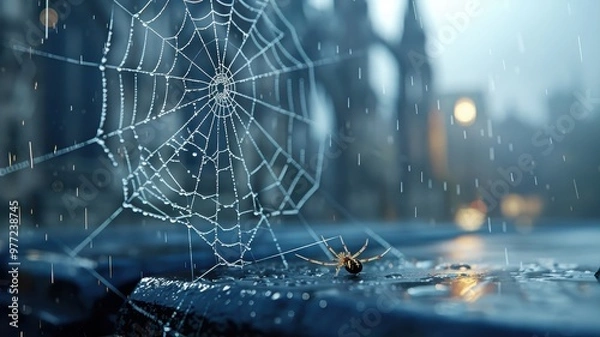 Fototapeta Dramatic spider spinning web on gothic cathedral.