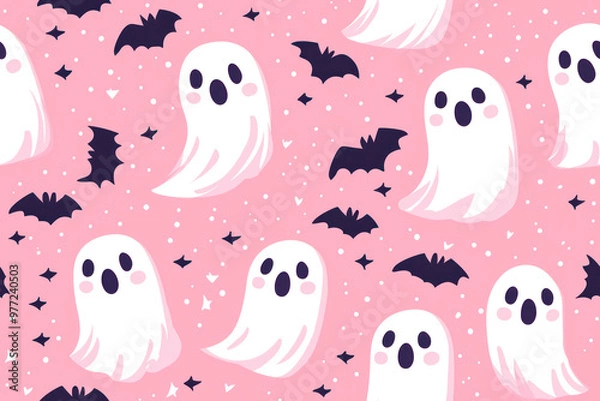 Fototapeta Halloween seamless pattern. Seamless pattern with cute pink halloween ghosts.