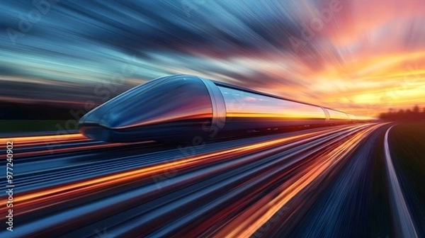 Fototapeta Cross-country Hyperloop System at Sunrise,Futuristic High-speed Transportation Pods Speeding