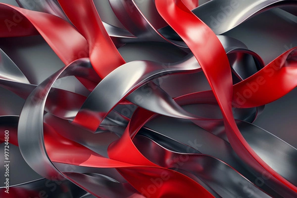 Fototapeta Abstract design featuring intertwined metallic red and silver ribbons, creating a futuristic and dynamic visual with smooth, flowing textures and reflective surfaces.