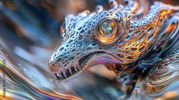 Fototapeta An alien animal with liquid metal skin shifting shapes, glowing patterns emerging, close-up in a surreal 3D rendering with psychedelic elements.