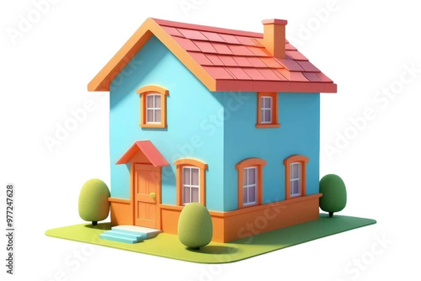 Fototapeta Cartoon-style 3D model of a cute house, center-aligned on a stark white background, gentle shadows beneath, soft edges, simplistic yet child-friendly design, rendered in vibrant colors, high-quality