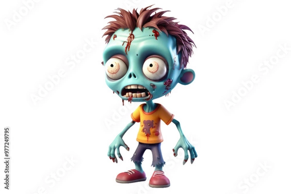 Fototapeta Cute zombie character, 3D model, high quality, central focus on stark white background, gentle shadowing underneath, soft edged design, vibrant colors, simplistic and child-friendly appearance