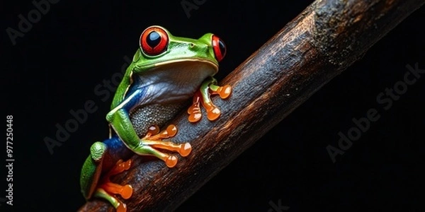 Fototapeta A vibrant red-eyed tree frog perches on the edge of a dark wooden log against a black background, highlighting nature’s beauty and contrast.
