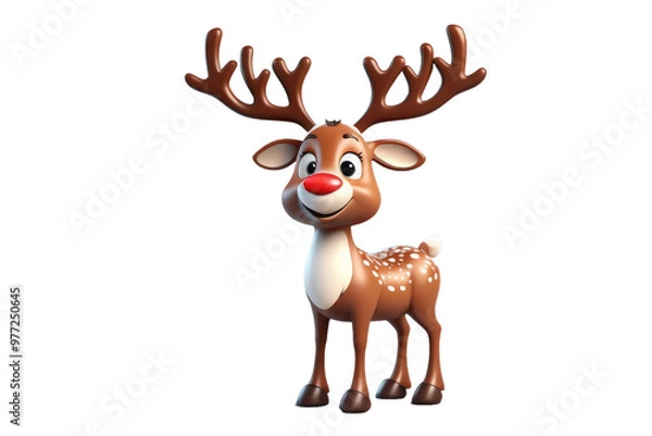 Fototapeta Reindeer cartoon styled character, 3D, high quality model, centered on stark white background, gentle shadow casting, soft edges, simplistic yet child-friendly, vibrant colors