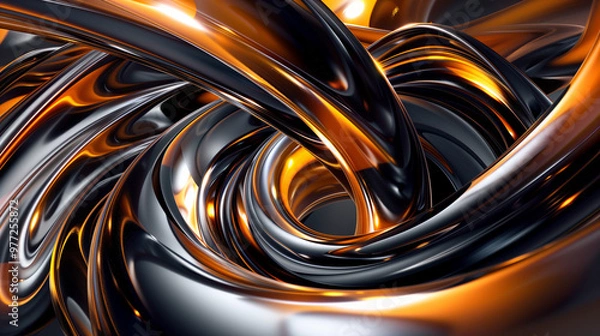Fototapeta Dynamic swirl of metallic gold and silver ribbons in an abstract composition, creating a sense of movement and energy, perfect for festive holiday visuals.