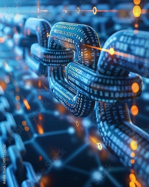 Fototapeta Digital blockchain chain on matrix background