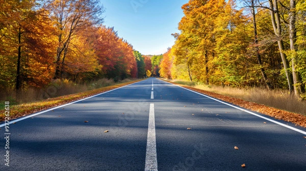 Fototapeta A wide, straight highway cutting through an autumn forest with colorful leaves, bright and vibrant colors, clear sky, no vehicles, high resolution