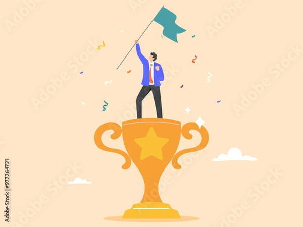 Obraz Winning and successful businessmen will hold a flag on the victory trophy